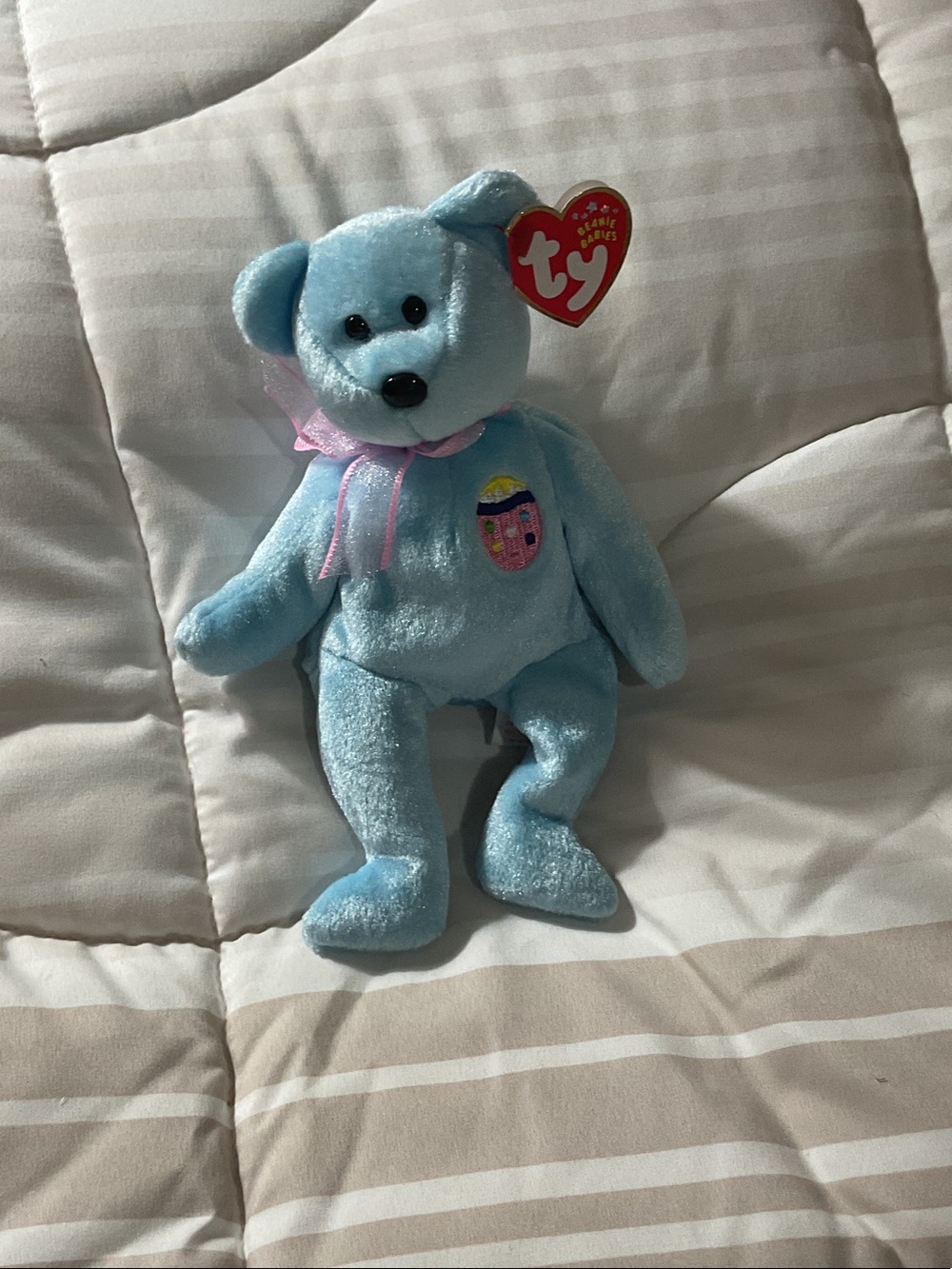 Ty Light Blue Plush Bear with Pink Ribbon 2001